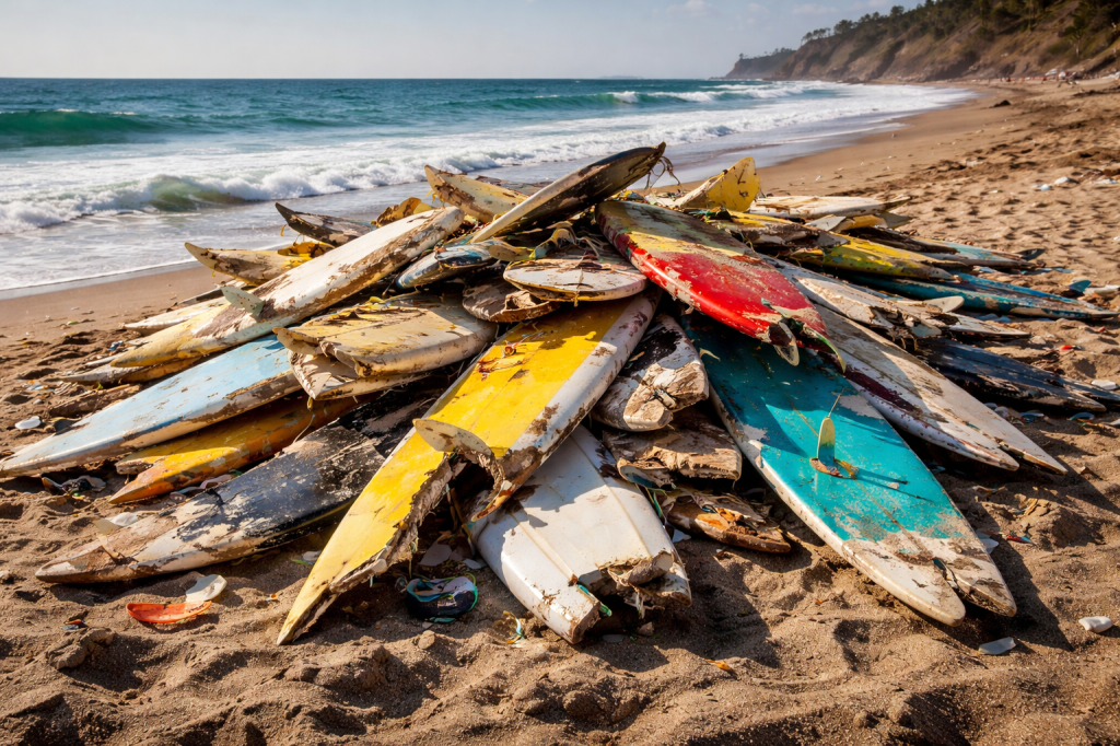 A pile of busted surfboards